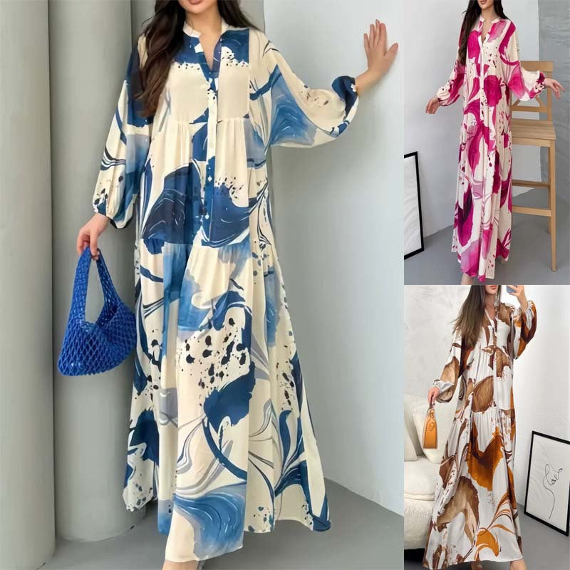 Damen Fließendes Maxikleid mit Stufenrock, überschnittenen Ballonärmeln und Stehkragen Shop Nory