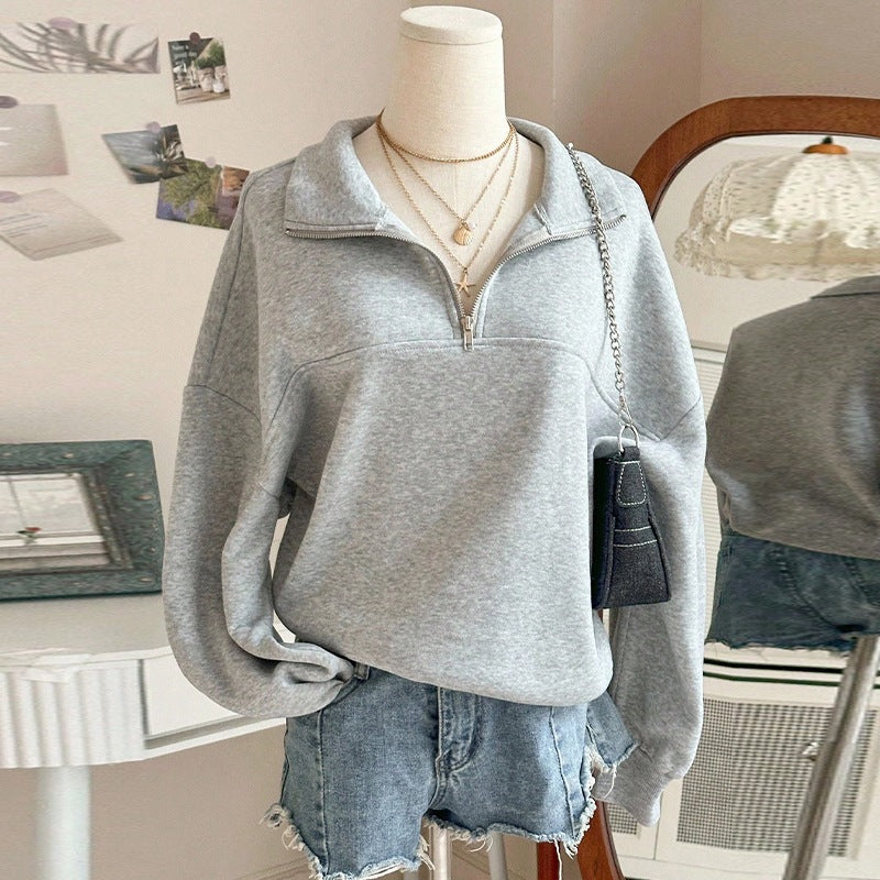 Damen nan Oversize Sweatshirt mit halbem Reißverschluss, Stehkragen und Ballonärmeln Shop Nory