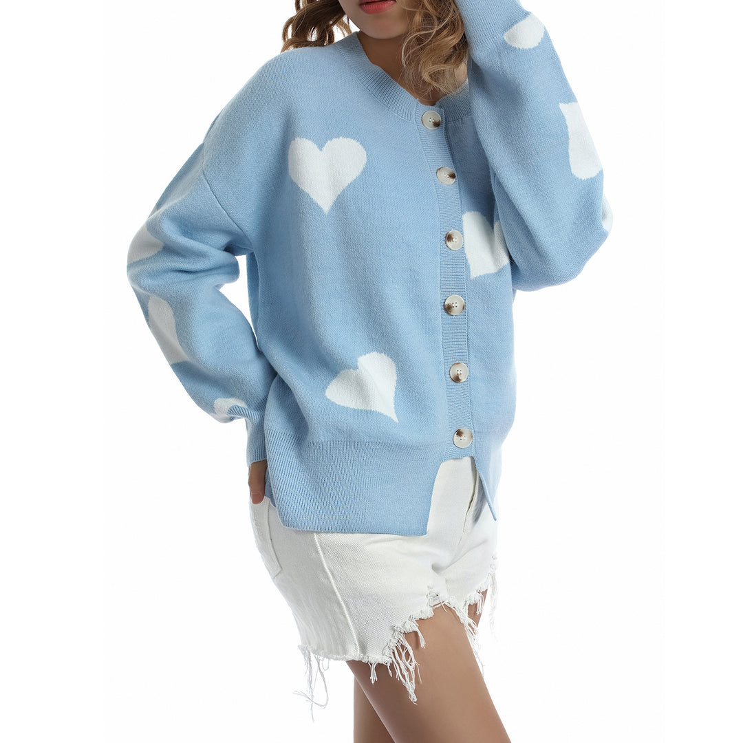 Damen Geknöpfter Oversize-Strickcardigan mit Herz-Jacquard und Perlmuttknöpfen Shop Nory