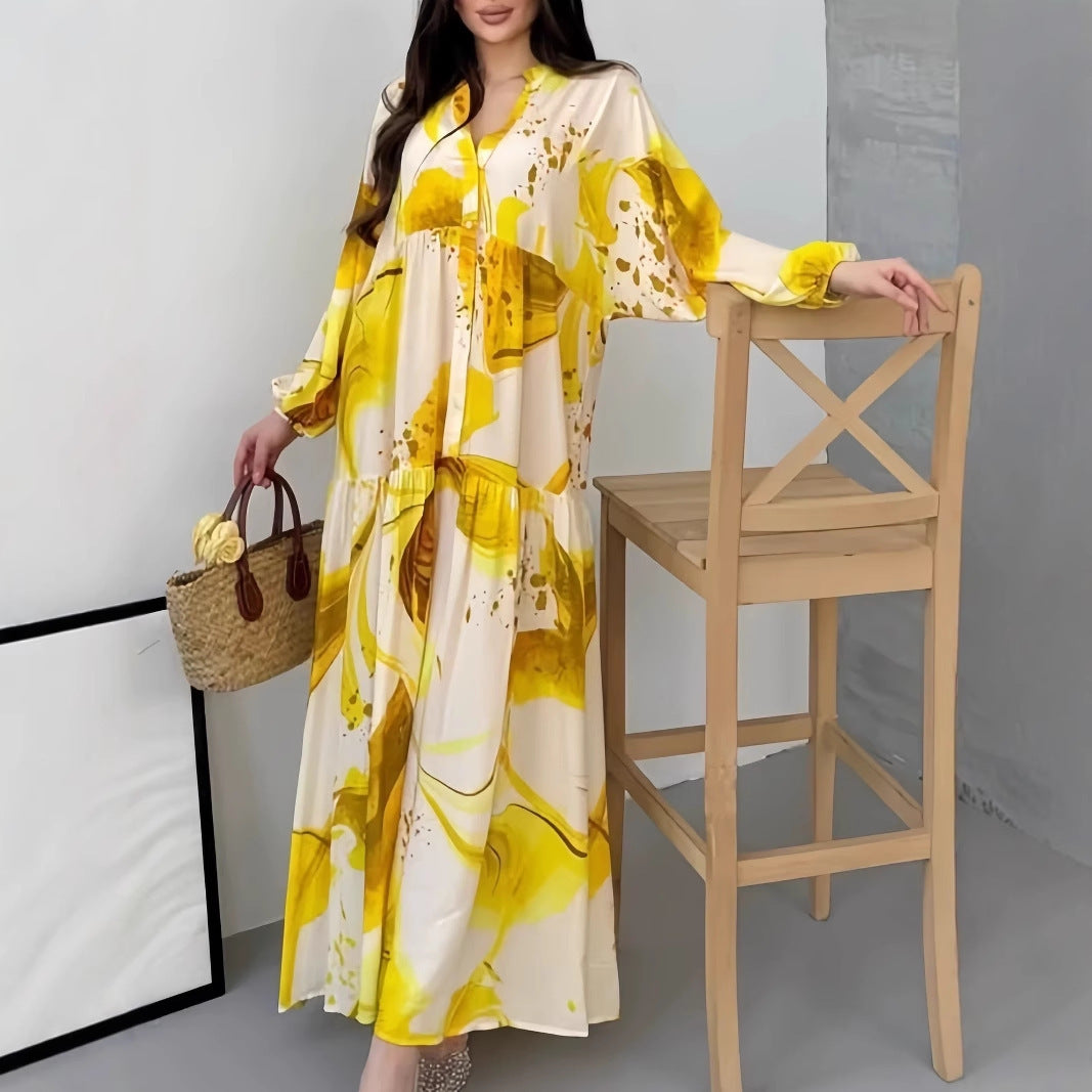 Damen Fließendes Maxikleid mit Stufenrock, überschnittenen Ballonärmeln und Stehkragen Shop Nory
