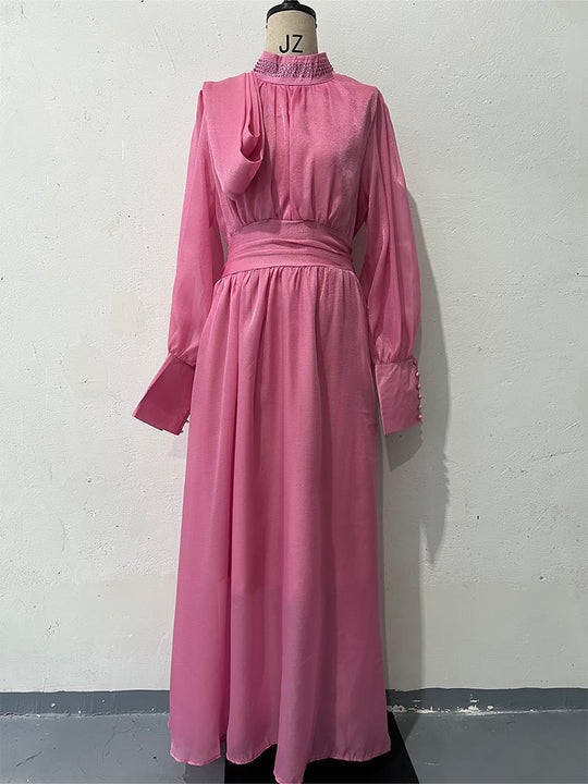 Damen Elegantes Chiffon-Maxikleid mit tailliertem Wickelbund, Stehkragen und langen Puffärmeln Shop Nory