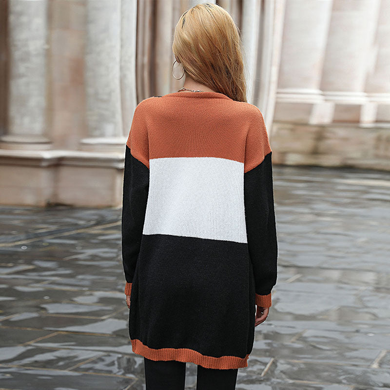 Damen Langer Farbblock-Cardigan aus weichem Feinstrick mit V‑Ausschnitt und Eingrifftaschen Shop Nory