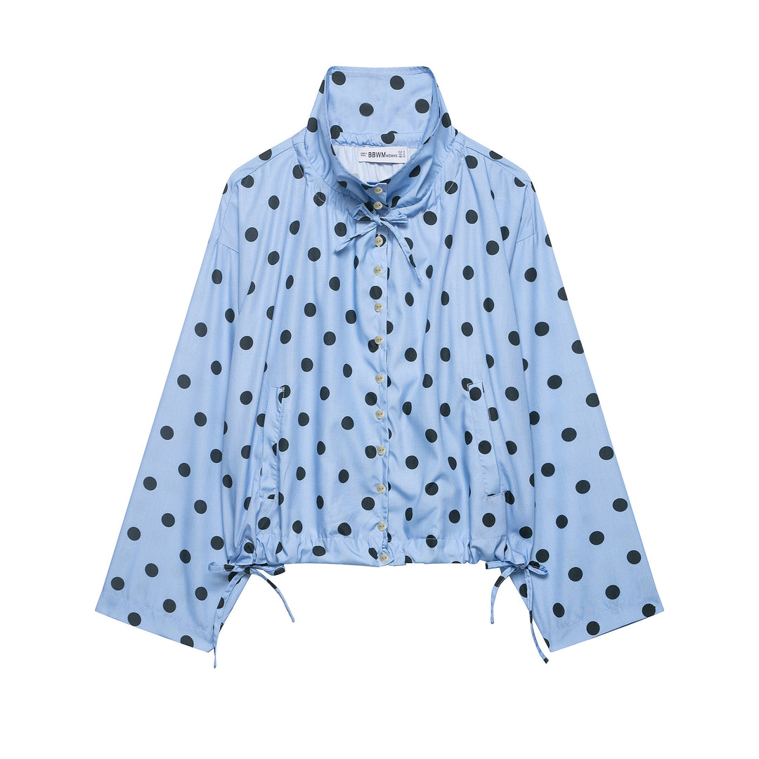 Damen Leichte Bluse im Polka‑Dot‑Design mit Stehkragen, Tunnelzugsaum und Knopfleiste Shop Nory