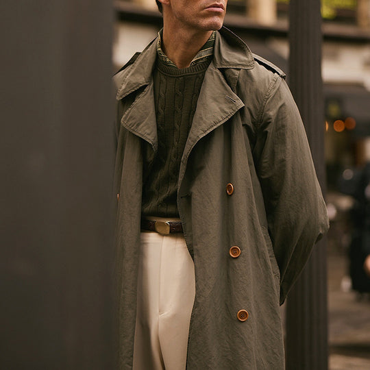 Herren Leichter knielanger Trenchcoat aus wasserabweisendem Baumwollmix mit offenem Schnitt Shop Nory