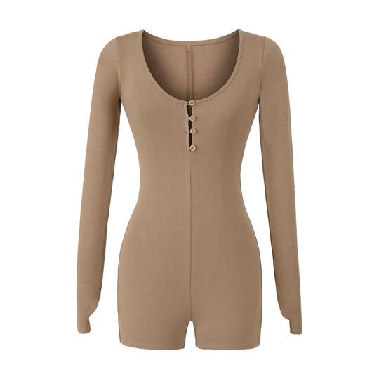 Damen Enganliegender Langarm-Body mit Knopfleiste und kurzer Shorts Shop Nory
