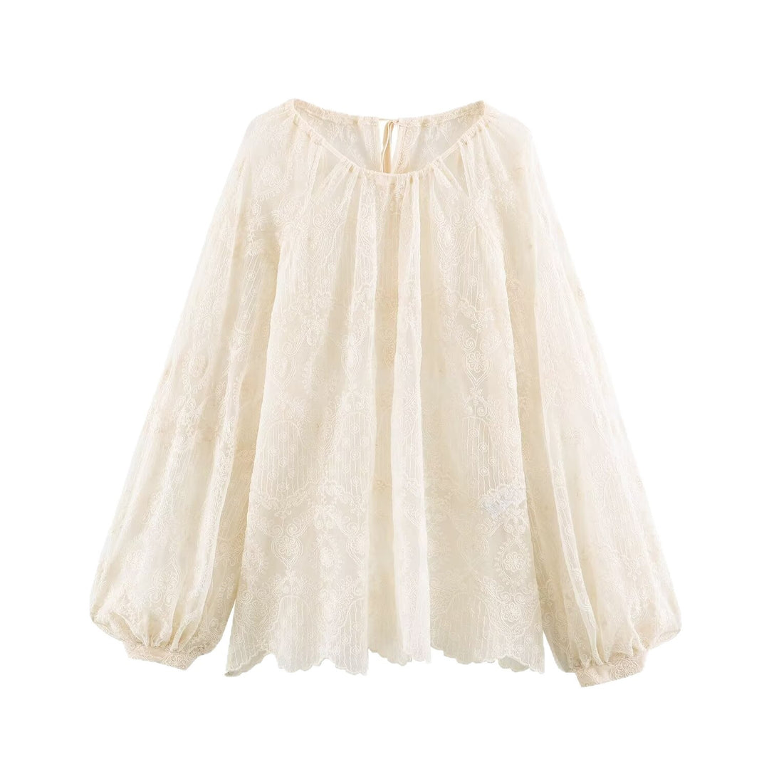 Damen Transparente Spitzenbluse im Peasant‑Stil mit Ballonärmeln Shop Nory