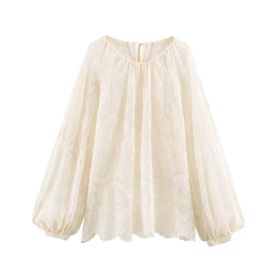 Damen Transparente Spitzenbluse im Peasant‑Stil mit Ballonärmeln Shop Nory
