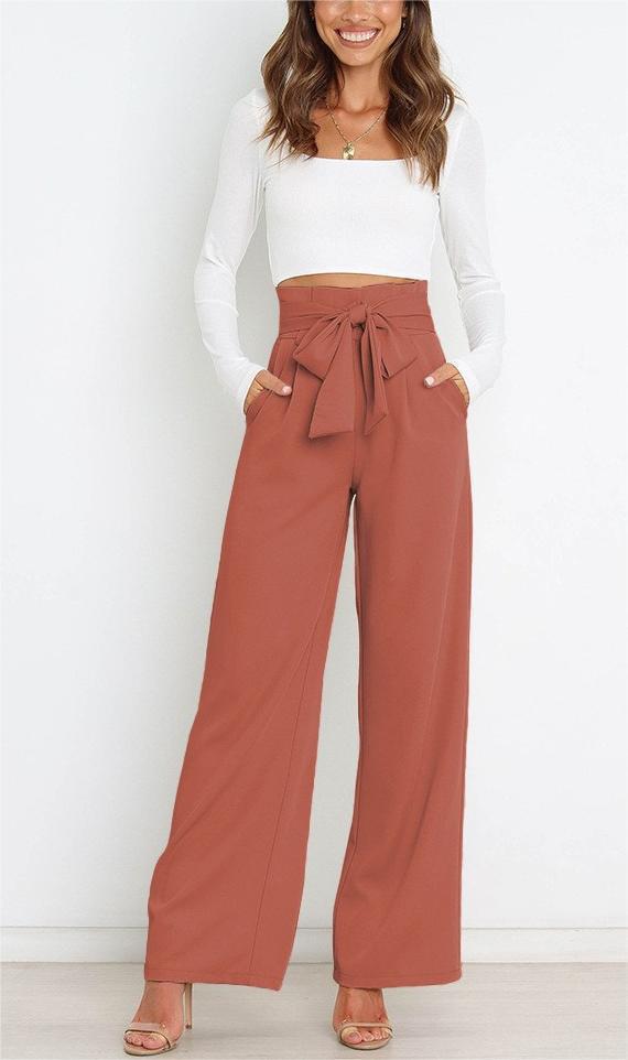 Damen Weit geschnittene High-Waist-Hose mit Binde-Gürtel und Taschen