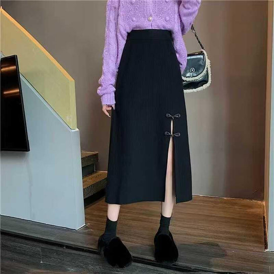 Damen Eleganter Strickrock mit Schlitz und Schleifendetails Shop Nory