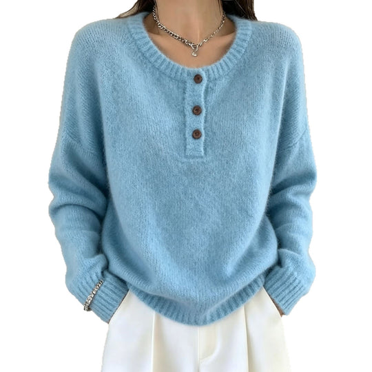 Damen Kuscheliger Rundhals-Henley-Pullover mit Knopfleiste und Raglanärmeln Shop Nory