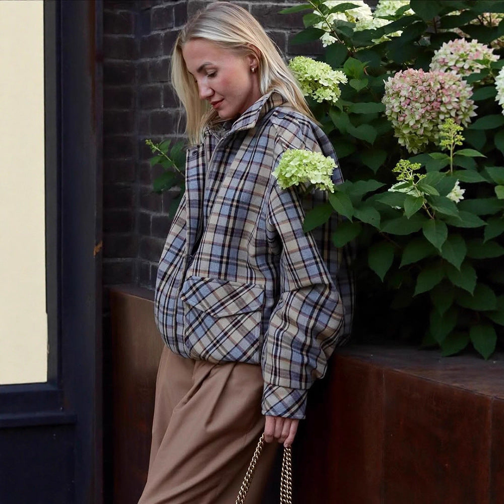 Damen Oversize-Karomantel im Boxy‑Schnitt mit Reißverschluss und Schulterklappen Shop Nory