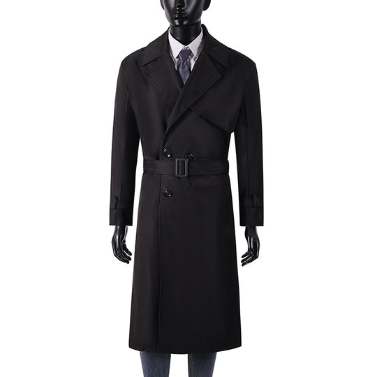 Herren Langmantel im Trenchcoat-Stil mit Sturmklappe, asymmetrischen Taschen und klassischem Revers Shop Nory