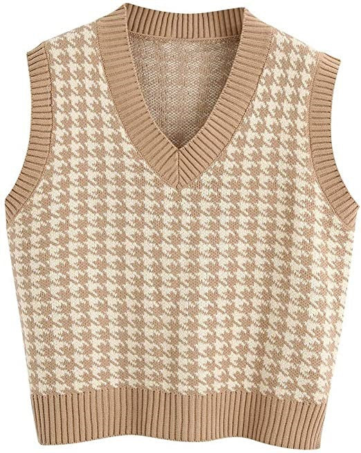 Damen ärmellose Strickweste mit modernem Hahnentrittmuster
