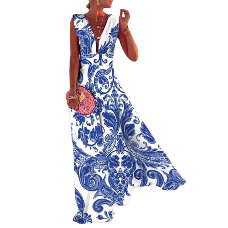 Damen Maxikleid mit geometrischem Schnitt und tiefem V-Ausschnitt