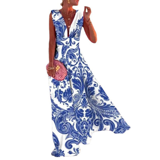Damen Maxikleid mit geometrischem Schnitt und tiefem V-Ausschnitt