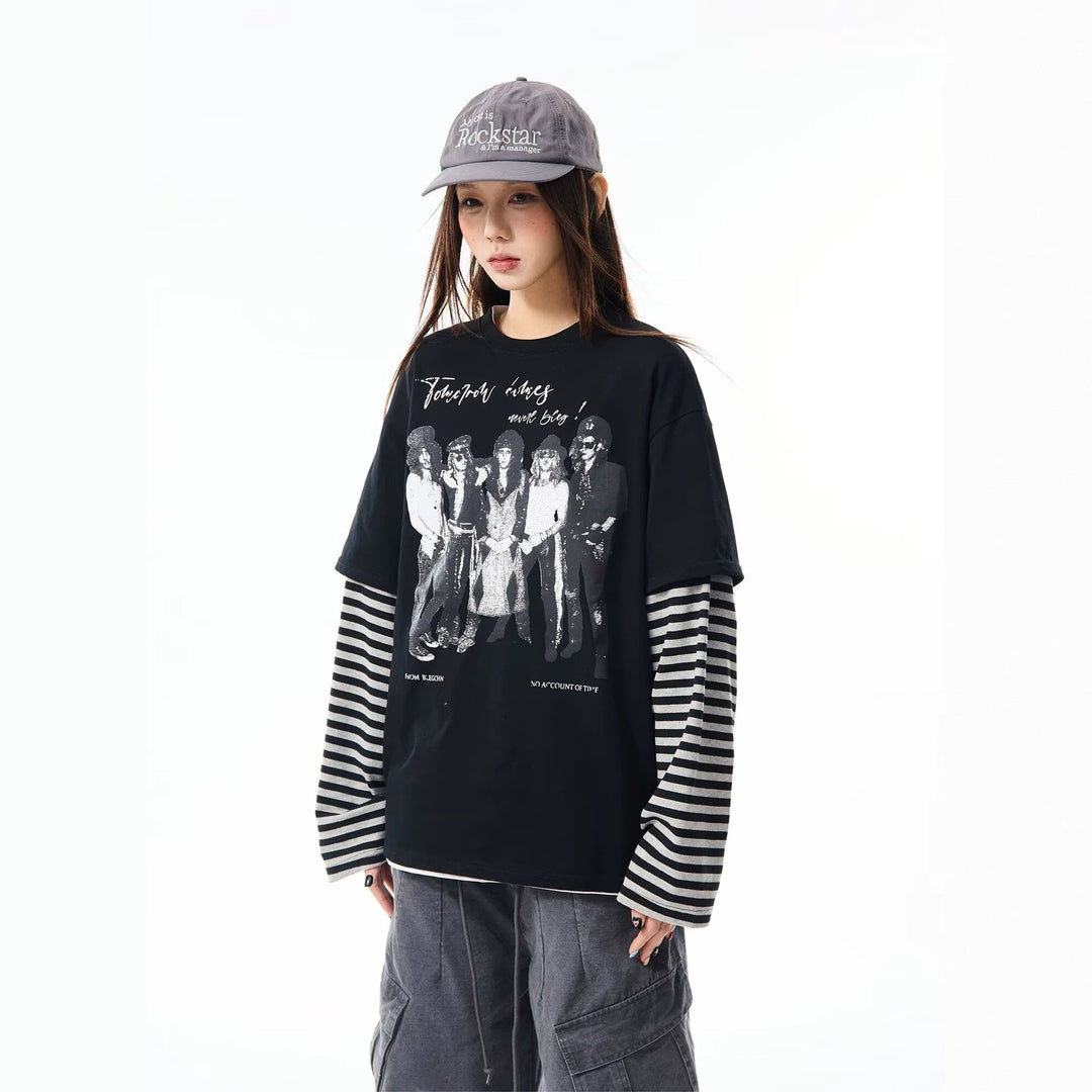 Damen Lässiges Oversized T-Shirt mit gestreiften Ärmeln Shop Nory