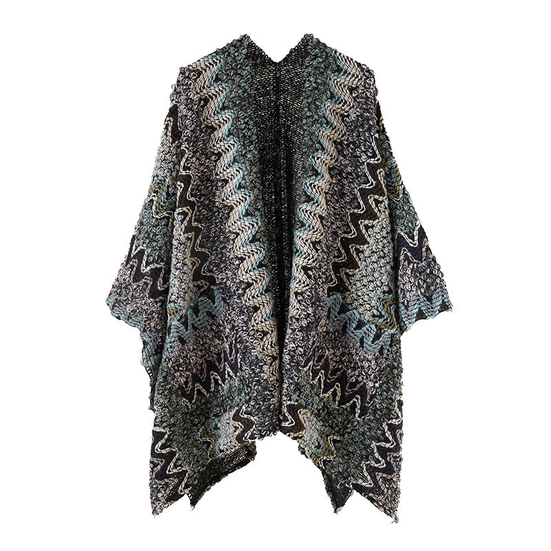 Damen Grobgestrickter Ethno-Ruana-Poncho mit Zickzack‑Jacquard und offenem Fall Shop Nory