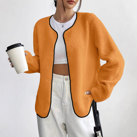 Damen Kurzjacke Teddy-Fleece Cardigan ohne Verschluss mit Rundhals Shop Nory