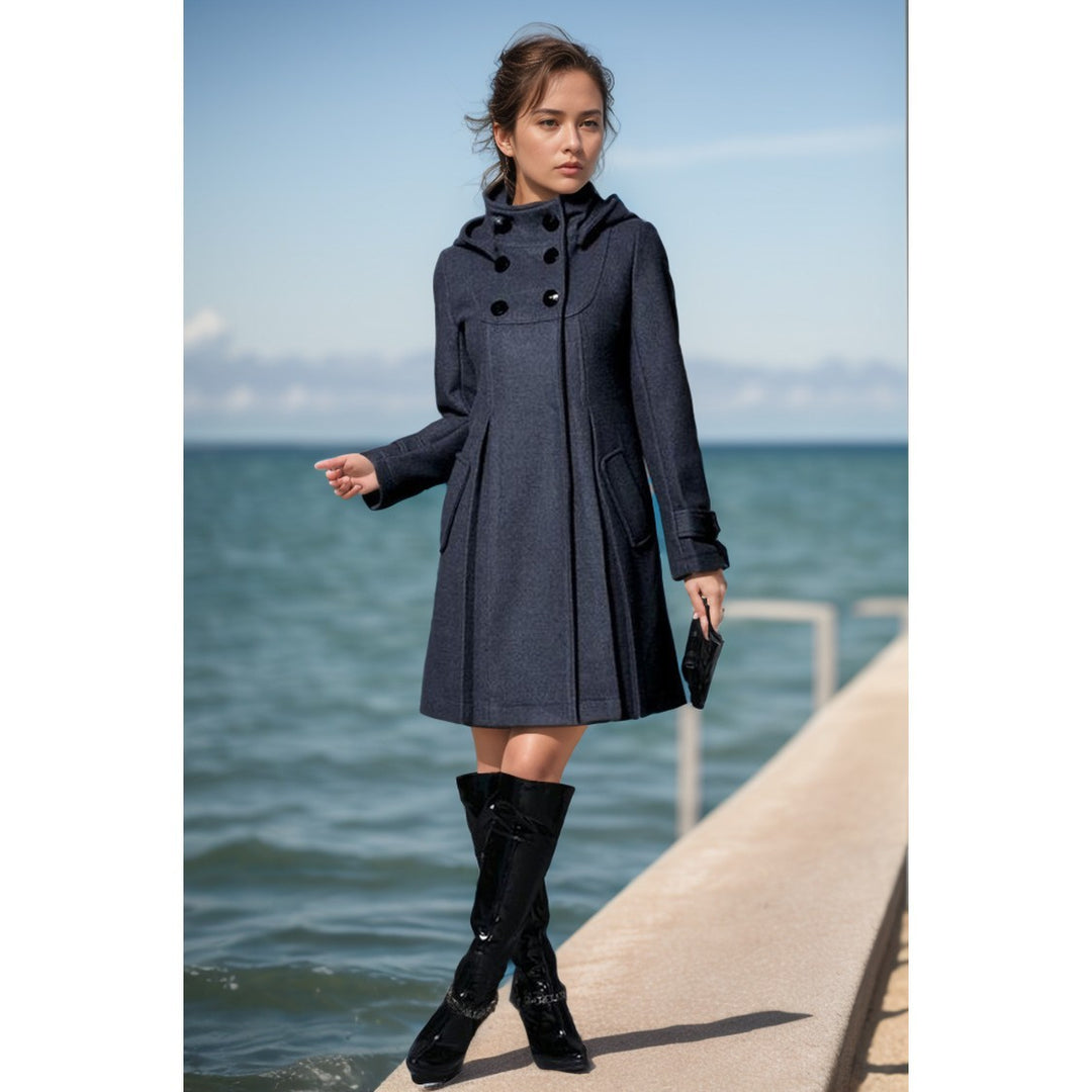 Damen A‑Linien Wollmix‑Mantel mit hoher Kapuze und Doppelknopfleiste Shop Nory