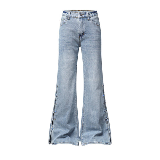 Damen High‑Waist Flared‑Jeans mit seitlicher Schnürung und weitem Schlag Shop Nory
