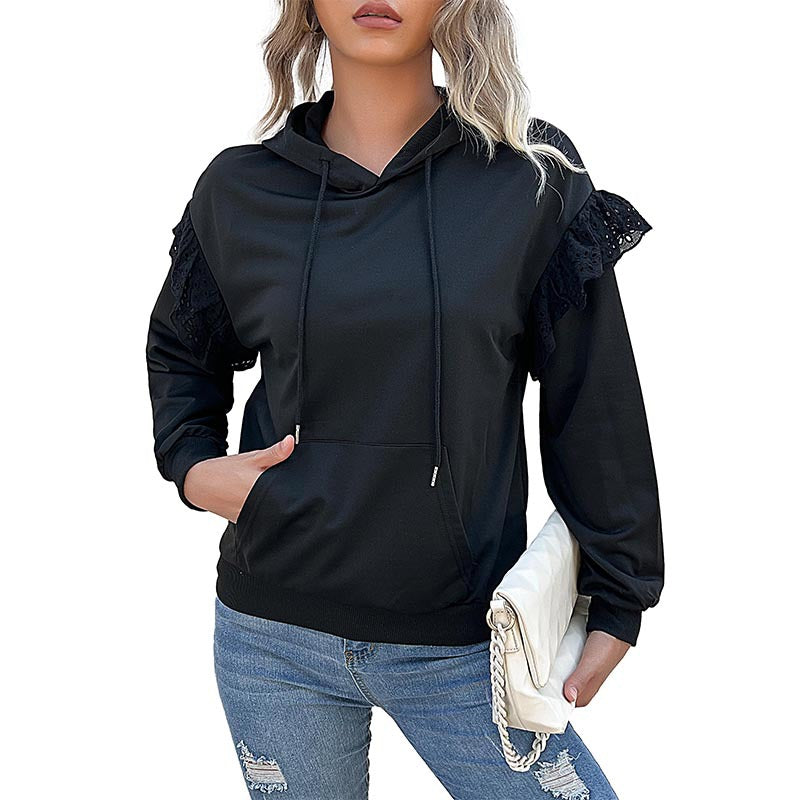 Damen Kapuzenpullover mit Spitzenvolant, Kängurutasche & Rippbündchen Shop Nory