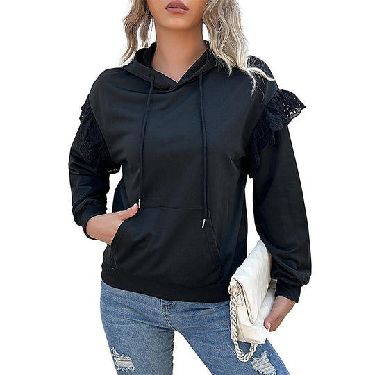 Damen Kapuzenpullover mit Spitzenvolant, Kängurutasche & Rippbündchen Shop Nory