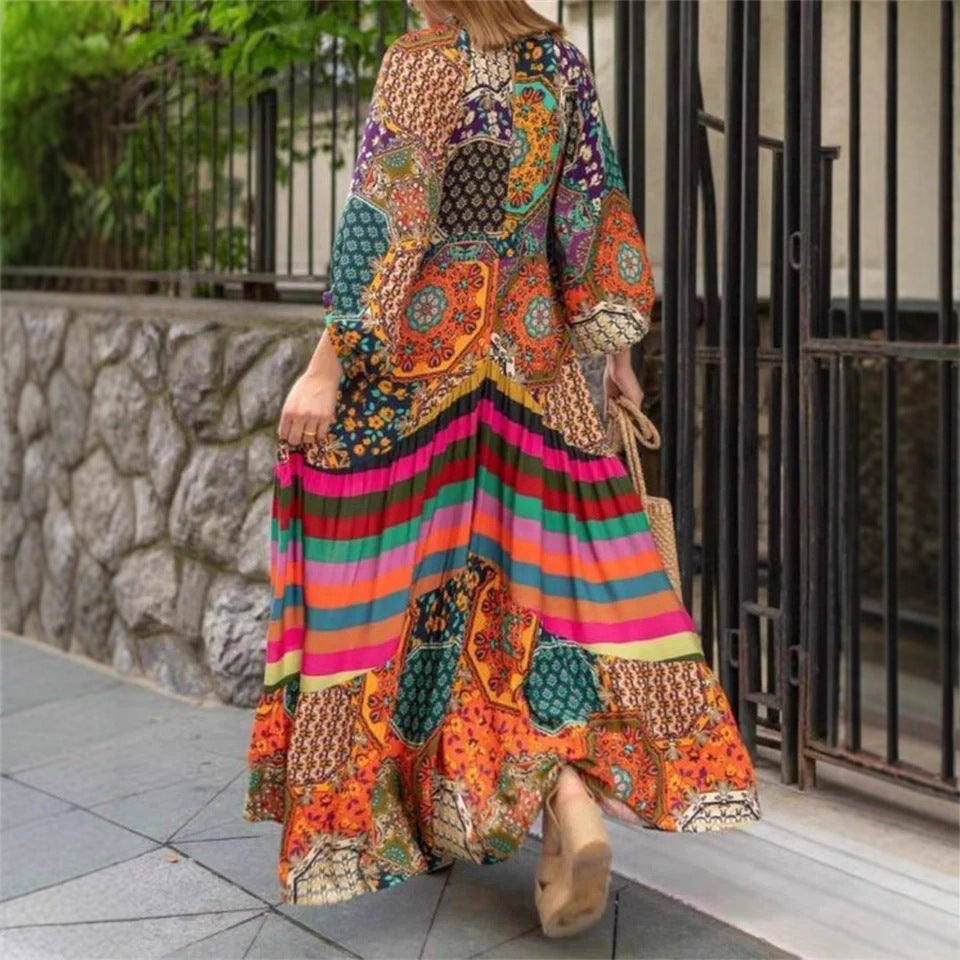 Damen Maxikleid mit buntem Patchwork-Design und voluminösen Ärmeln Shopnory