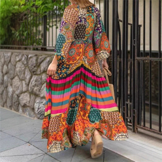 Damen Maxikleid mit buntem Patchwork-Design und voluminösen Ärmeln Shopnory