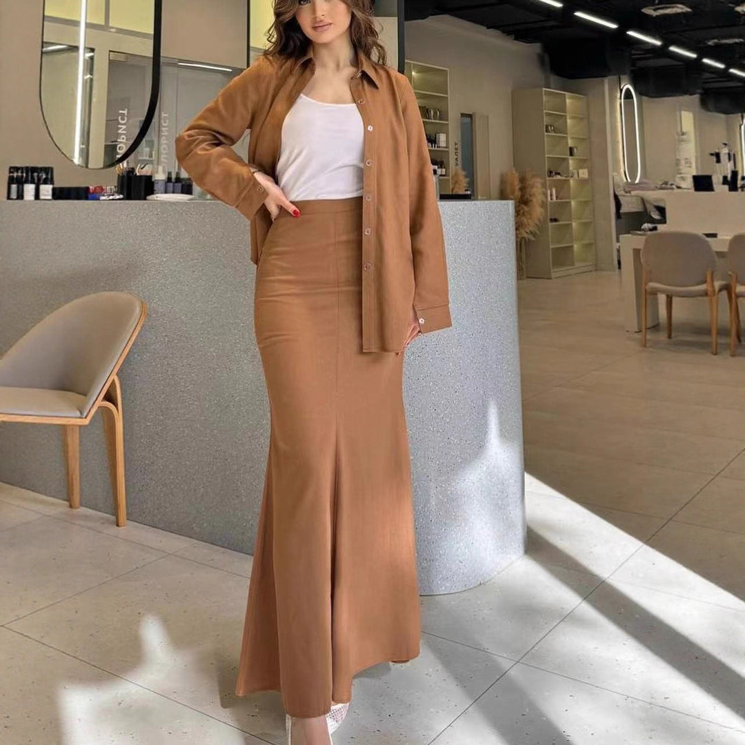 Damen Zweiteiliges Set Schlauchmaxirock mit ausgestelltem Saum und Oversize-Hemd Shop Nory