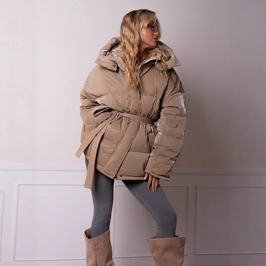 Damen wattierte Kapuzen-Steppjacke mit Taillengürtel Shop Nory
