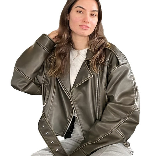 Damen modische Kunstlederjacke im Biker-Stil mit strukturiertem Design