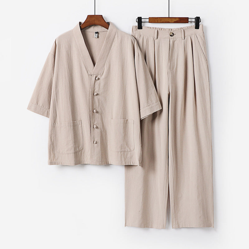 Unisex Zen-inspiriertes Relax-Set mit Kurzarm-Kimono-Oberteil, verdeckter Knopfleiste und elastischer Bundhose Shop Nory