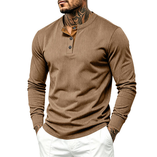 Herren Geripptes Henley-Langarmshirt aus Feinstrick mit Stehkragen und Knopfleiste Shop Nory