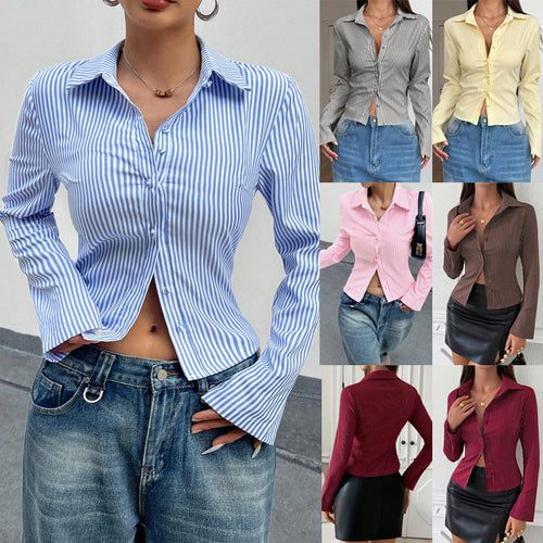 Damen Tailliertes Gestreiftes Blusenshirt mit Kentkragen Shop Nory
