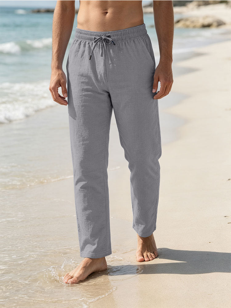 Herren Leichte Leinen-Baumwoll-Hose mit Tunnelzug, elastischem Bund und geradem Schnitt Shop Nory