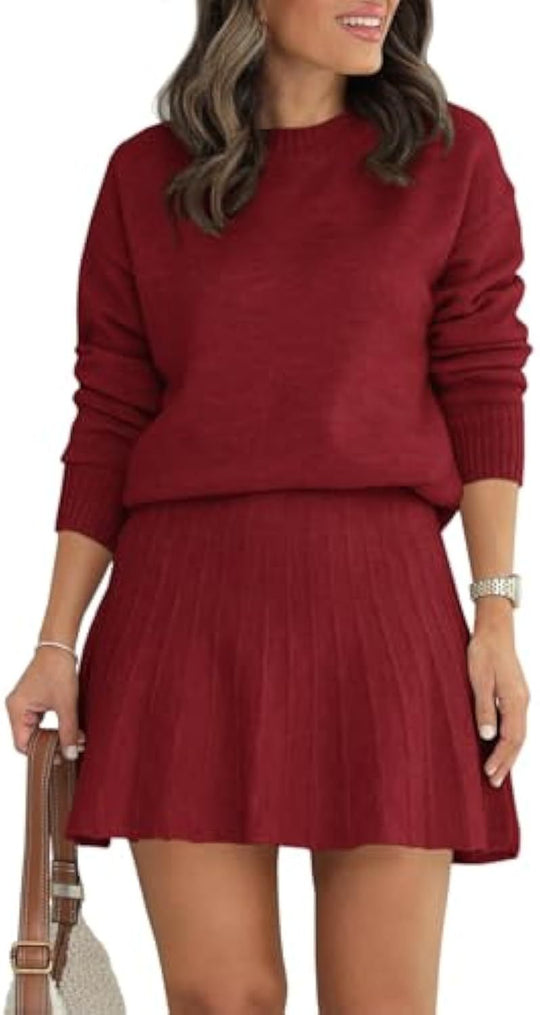 Damen Zweiteiliges Strick-Set mit Rundhals-Pullover und Plissée-Minirock Shop Nory