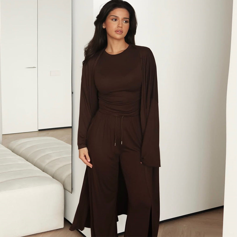 Damen Loungewear-Anzug mit offener Jacke und weitem Hosen Shopnory