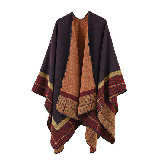 Damen Wollmix-Poncho im asymmetrischen Zipfelschnitt mit eingewebter Karobordüre Shop Nory