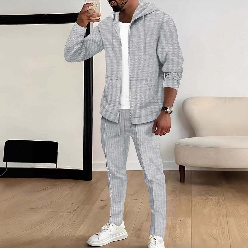 Herren nan Waffelstruktur-Jogginganzug mit Kapuzen-Zipjacke und konisch geschnittener Jogginghose