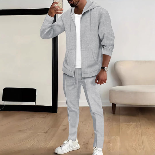 Herren nan Waffelstruktur-Jogginganzug mit Kapuzen-Zipjacke und konisch geschnittener Jogginghose