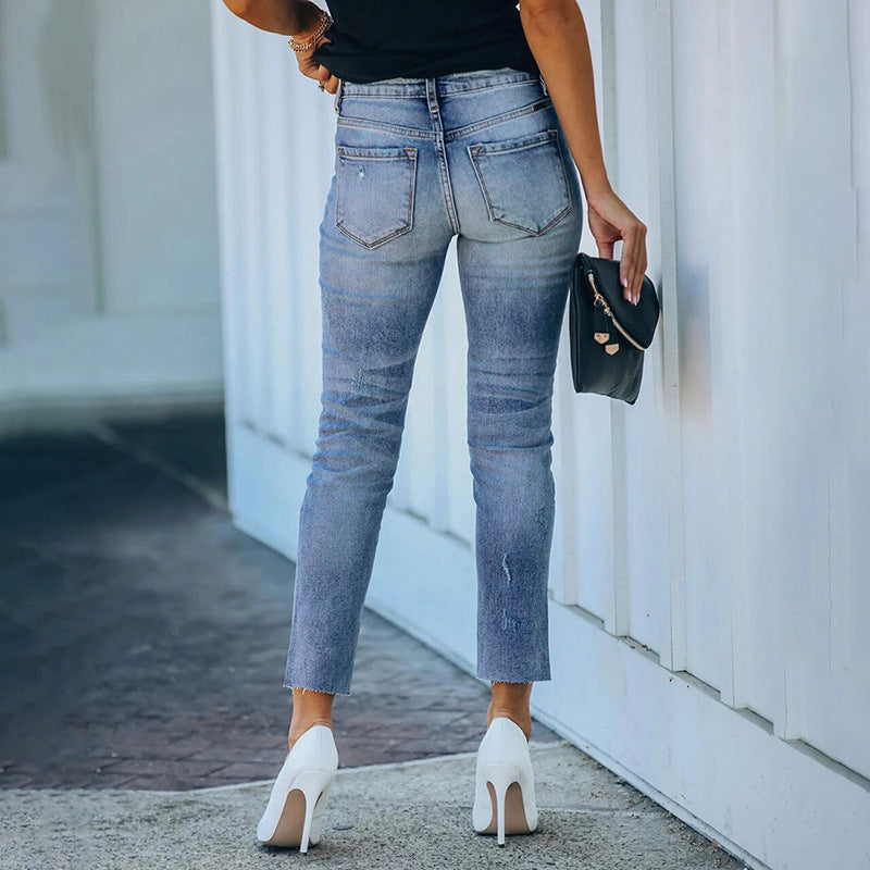 Damen Figurbetonte Hochtaillierte Knöchellange Jeans mit leicht ausgefranstem Saum Shop Nory