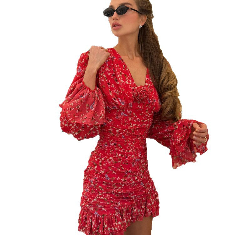 Damen Tailliertes Chiffon-Minikleid mit Blumenprint, Raffung & Volantärmeln Shop Nory