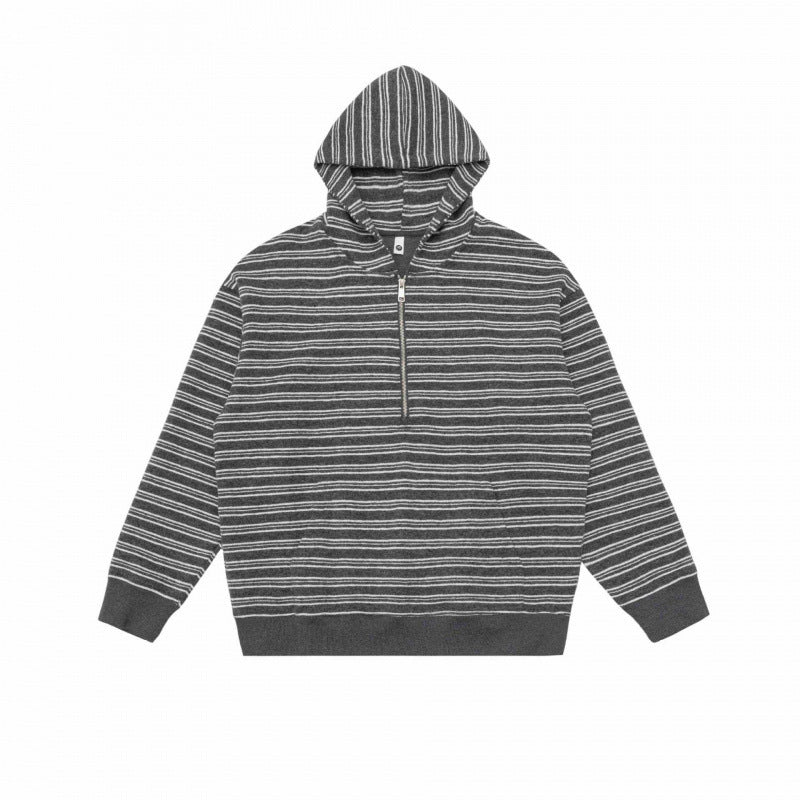Unisex Oversize-Kapuzenpullover mit halbem Reißverschluss, Streifenmuster und Kängurutasche Shop Nory