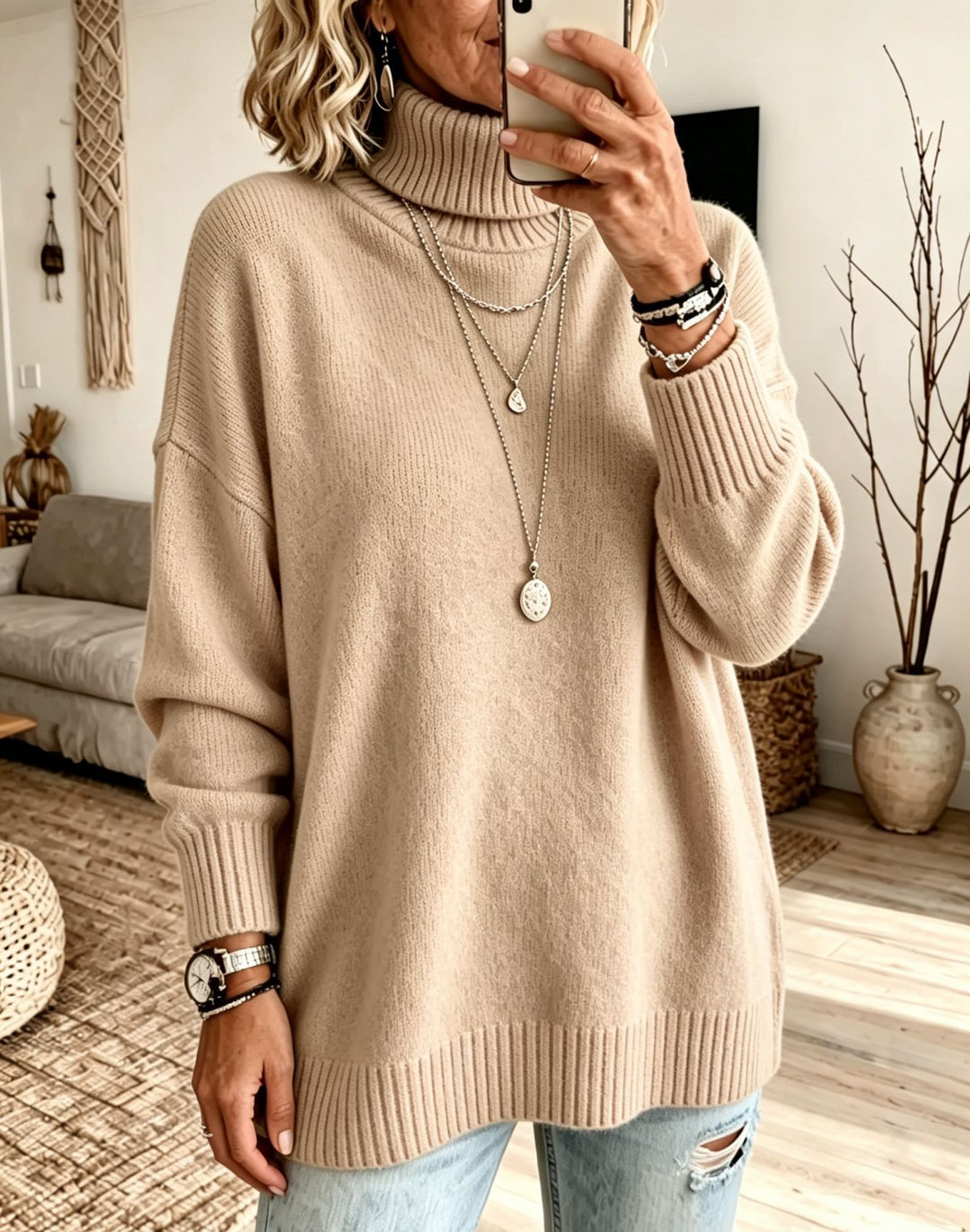 Damen Oversize Rollkragenpullover aus Feinstrick mit gerippten Bündchen und überschnittener Schulter Shop Nory