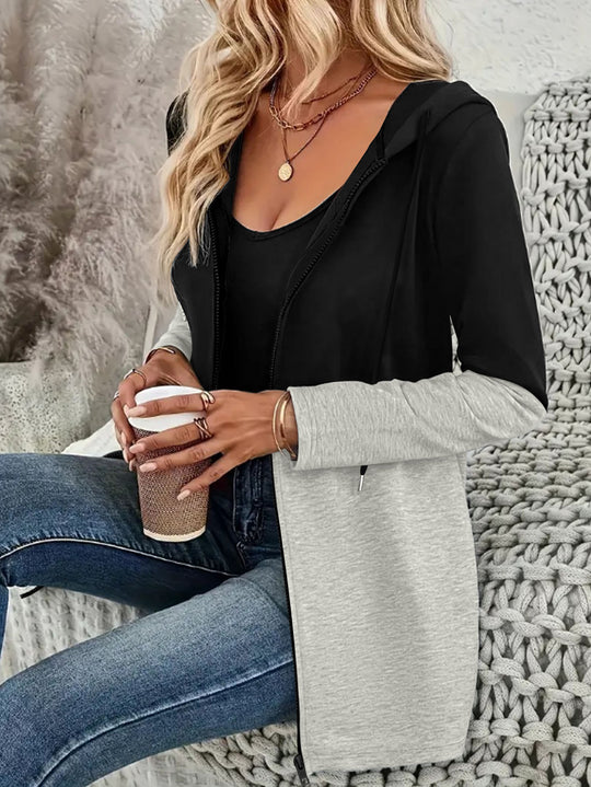 Damen Longline Kapuzen‑Sweatjacke mit Farbblock, Reißverschluss und Eingrifftaschen Shop Nory