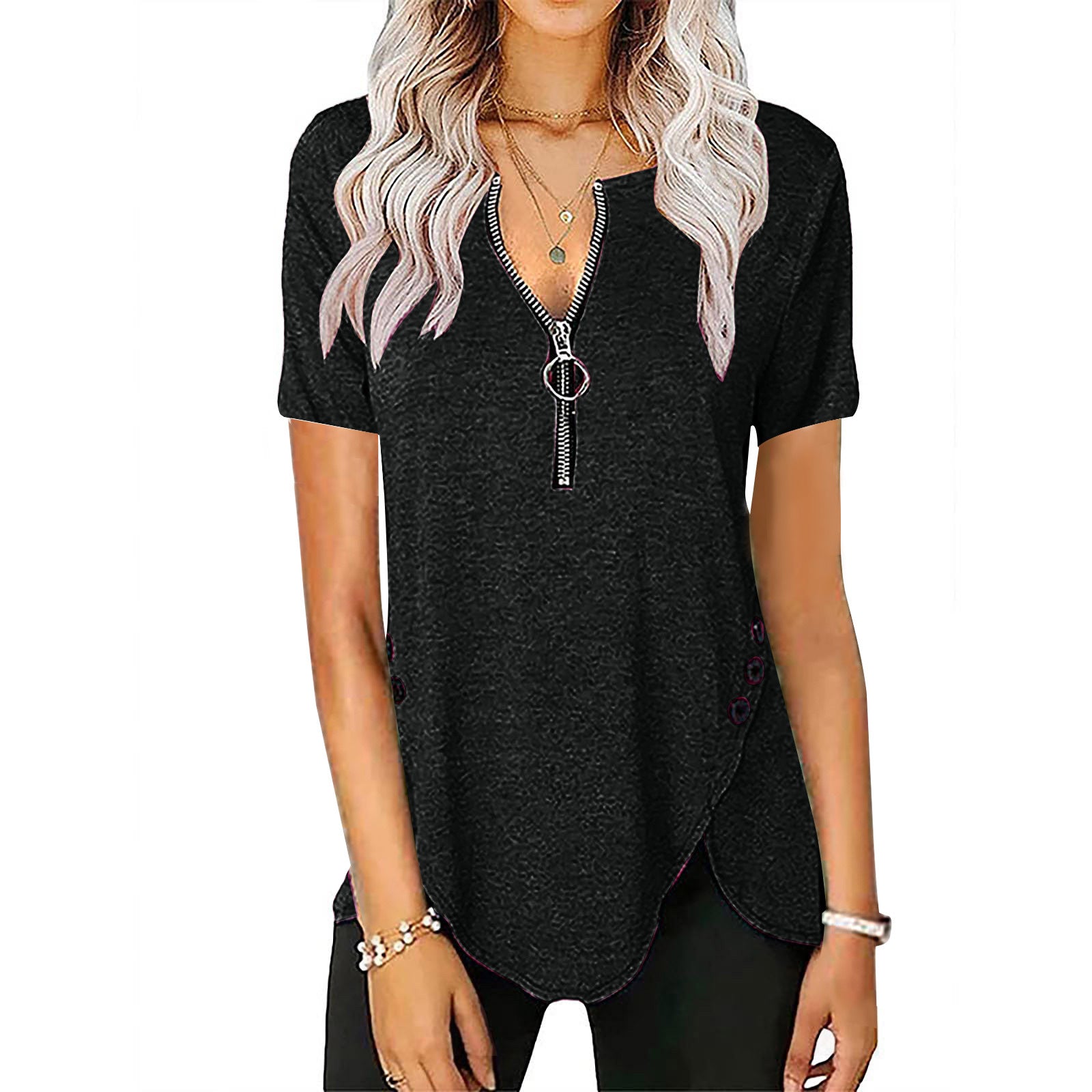 Damen Kurzarmshirt mit asymmetrischem Saum und Reißverschluss