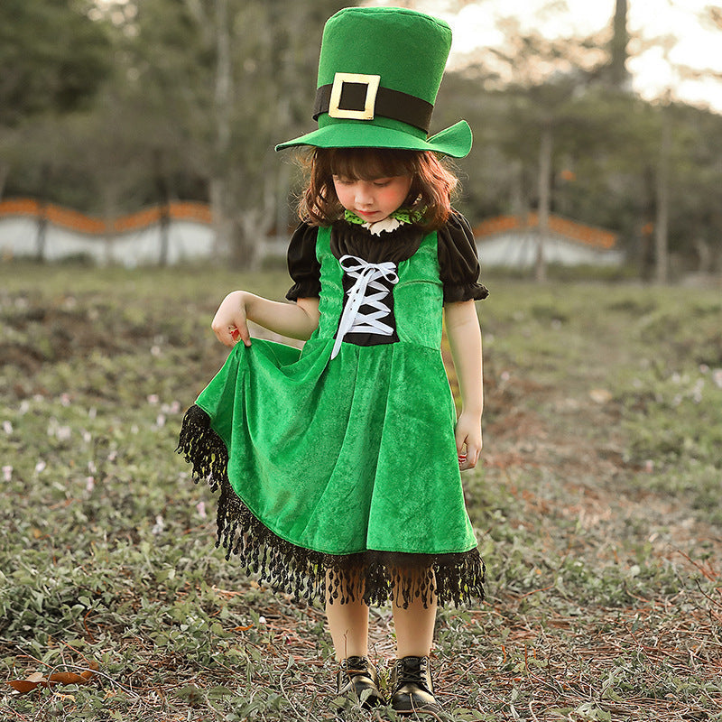 Mädchen Kostüm als irische Leprechaun mit voluminösem Rock und hohem Hut Shop Nory
