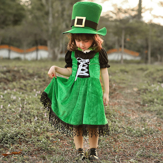 Mädchen Kostüm als irische Leprechaun mit voluminösem Rock und hohem Hut Shop Nory