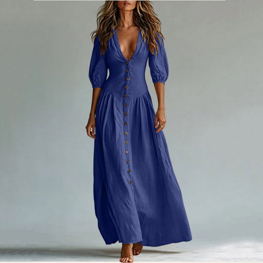 Damen Maxikleid mit tiefem V-Ausschnitt, durchgehender Knopfleiste und Ballonärmeln Shop Nory