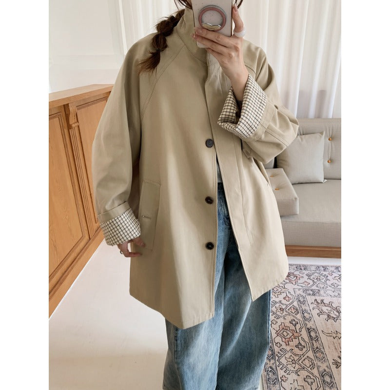 Damen Oversize-Mantel mit Stehkragen und kariertem Ärmelsaum Shop Nory